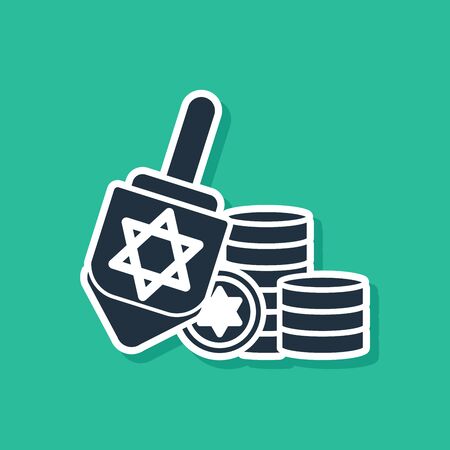 Blue Hanukkah dreidel and coin icon isolated on green background. Vector Illustrationのイラスト素材