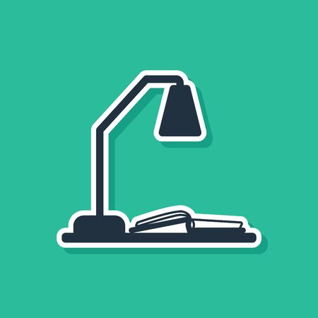 Blue Workplace with table lamp and open book icon isolated on green background. Table office lamp. Vector Illustrationのイラスト素材