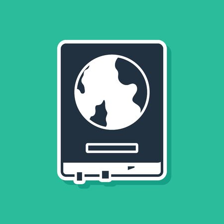 Blue World map on a school blackboard icon isolated on green background. Drawing of map on chalkboard. Vector Illustrationのイラスト素材