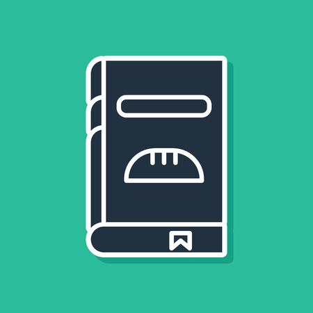 Blue Cookbook icon isolated on green background. Cooking book icon. Recipe book. Fork and knife icons. Cutlery symbol. Vector Illustrationのイラスト素材