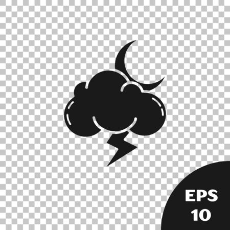 Black Storm icon isolated on transparent background. Cloud with lightning and moon sign. Weather icon of storm. Vector Illustrationのイラスト素材