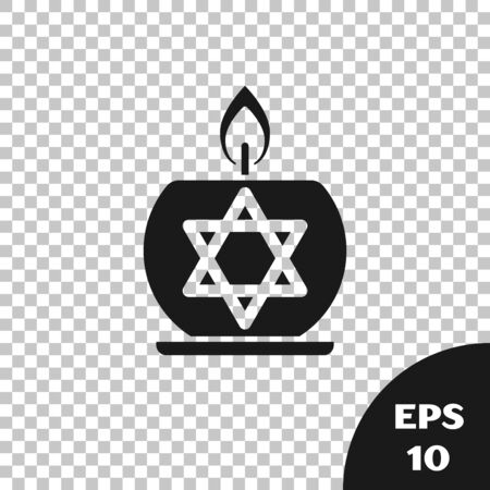 Black Burning candle in candlestick with star of david icon isolated on transparent background. Cylindrical candle stick with burning flame. Vector Illustrationのイラスト素材