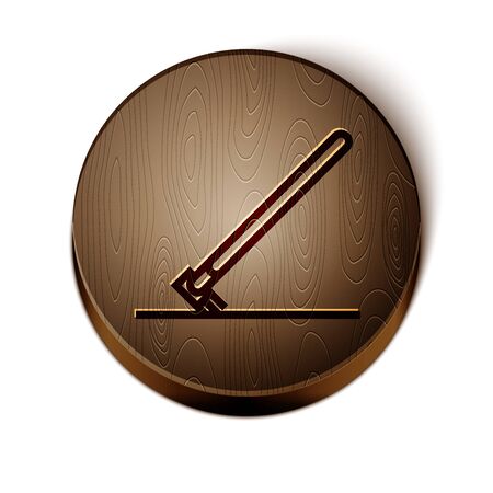Brown line Garden rake in work icon isolated on white background. Tool for horticulture, agriculture, farming. Ground cultivator. Wooden circle button. Vector Illustrationのイラスト素材