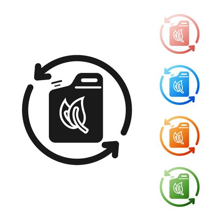 Black Bio fuel canister icon isolated on white background. Eco bio and barrel. Green environment and recycle. Set icons colorful. Vector Illustrationのイラスト素材