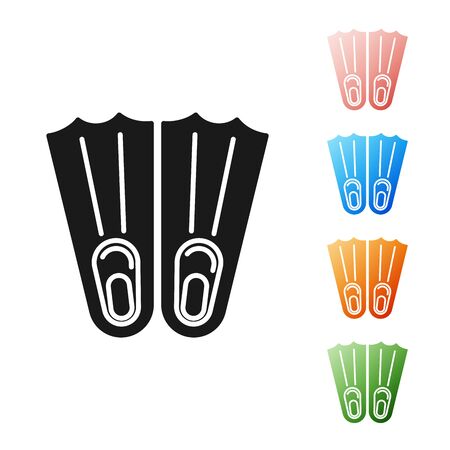 Black Rubber flippers for swimming icon isolated on white background. Diving equipment. Extreme sport. Sport equipment. Set icons colorful. Vector Illustrationのイラスト素材