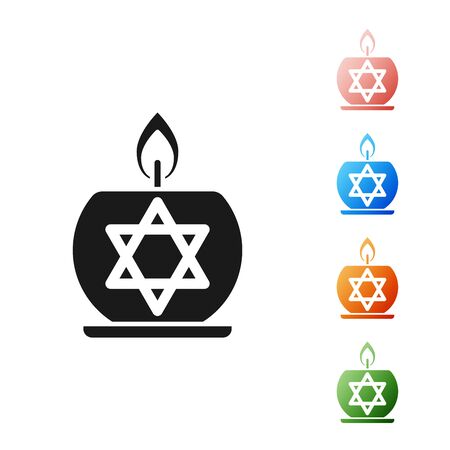 Black Burning candle in candlestick with star of david icon isolated on white background. Cylindrical candle stick with burning flame. Set icons colorful. Vector Illustrationのイラスト素材