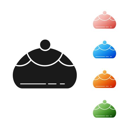 Black Jewish sweet bakery icon isolated on white background. Hanukkah sufganiyot. Jewish easter cake. Set icons colorful. Vector Illustrationのイラスト素材