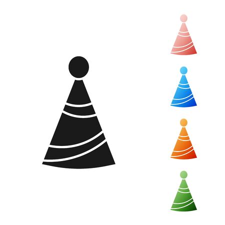 Black Party hat icon isolated on white background. Birthday hat. Set icons colorful. Vector Illustrationのイラスト素材
