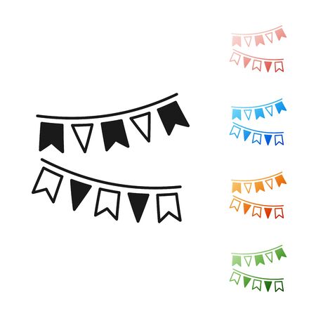 Black Carnival garland with flags icon isolated on white background. Party pennants for birthday celebration, festival and fair decoration. Set icons colorful. Vector Illustrationのイラスト素材