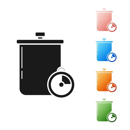 Black Cooking pot and kitchen timer icon isolated on white background. Boil or stew food symbol. Set icons colorful. Vector Illustrationのイラスト素材