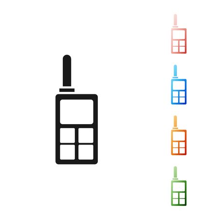 Black Walkie talkie icon isolated on white background. Portable radio transmitter icon. Radio transceiver sign. Set icons colorful. Vector Illustrationのイラスト素材