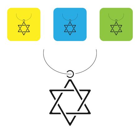 Black Star of David necklace on chain icon isolated on white background. Jewish religion symbol. Symbol of Israel. Jewellery and accessory. Set icons colorful square buttons. Vector Illustrationのイラスト素材