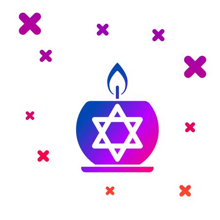 Color Burning candle in candlestick with star of david icon isolated on white background. Cylindrical candle stick with burning flame. Gradient random dynamic shapes. Vector Illustrationのイラスト素材
