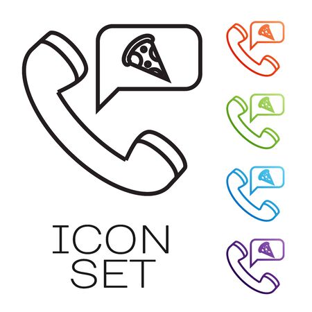 Black line Food ordering pizza icon isolated on white background. Order by mobile phone. Restaurant food delivery concept. Set icons colorful. Vector Illustrationのイラスト素材