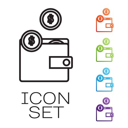 Black line Wallet with coins icon isolated on white background. Purse icon. Cash savings symbol. Set icons colorful. Vector Illustrationのイラスト素材