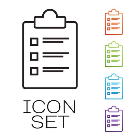 Black line Clipboard with checklist icon isolated on white background. Control list symbol. Survey poll or questionnaire feedback form. Set icons colorful. Vector Illustrationのイラスト素材