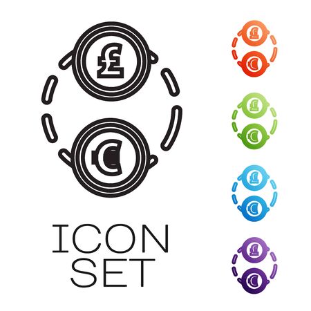 Black line Money exchange icon isolated on white background. Euro and Pound Sterling cash transfer symbol. Banking currency sign. Set icons colorful. Vector Illustrationのイラスト素材