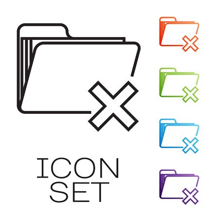 Black line Delete folder icon isolated on white background. Folder with recycle bin. Delete or error folder. Close computer information folder. Set icons colorful. Vector Illustrationのイラスト素材