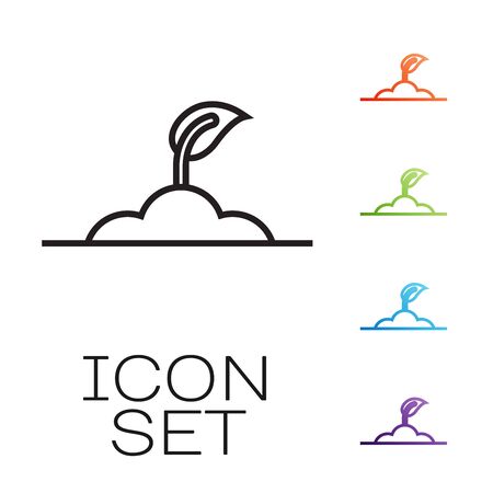 Black line Sprout icon isolated on white background. Seed and seedling. Leaves sign. Leaf nature. Set icons colorful. Vector Illustrationのイラスト素材