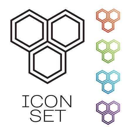 Black line Honeycomb icon isolated on white background. Honey cells symbol. Sweet natural food. Set icons colorful. Vector Illustrationのイラスト素材