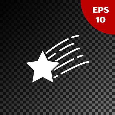 White Falling star icon isolated on transparent dark background. Shooting star with star trail. Meteoroid, meteorite, comet, asteroid, star icon. Vector Illustrationのイラスト素材
