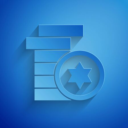 Paper cut Jewish coin icon isolated on blue background. Currency symbol. Paper art style. Vector Illustrationのイラスト素材