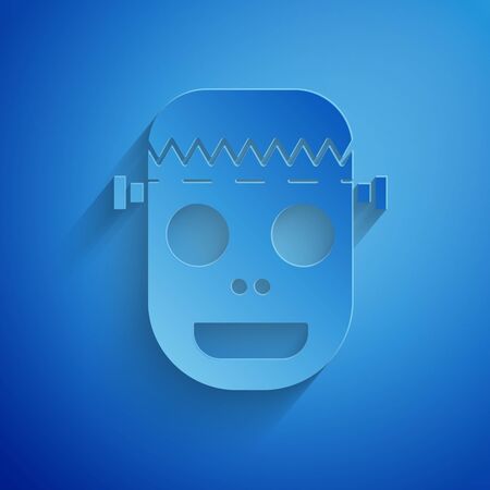 Paper cut Zombie mask icon isolated on blue background. Happy Halloween party. Paper art style. Vector Illustrationのイラスト素材