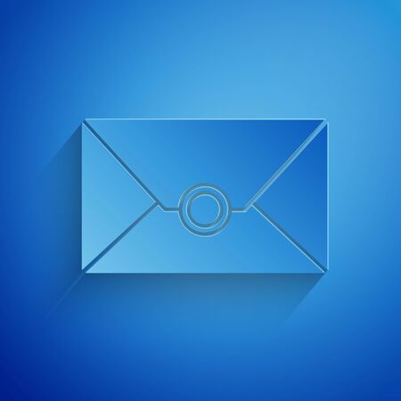 Paper cut Envelope icon isolated on blue background. Email message letter symbol. Paper art style. Vector Illustrationのイラスト素材