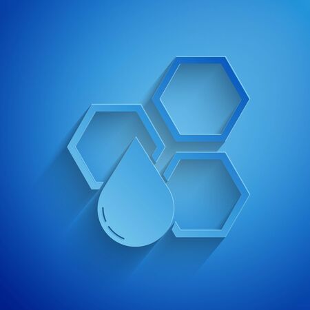 Paper cut Honeycomb icon isolated on blue background. Honey cells symbol. Sweet natural food. Paper art style. Vector Illustrationのイラスト素材