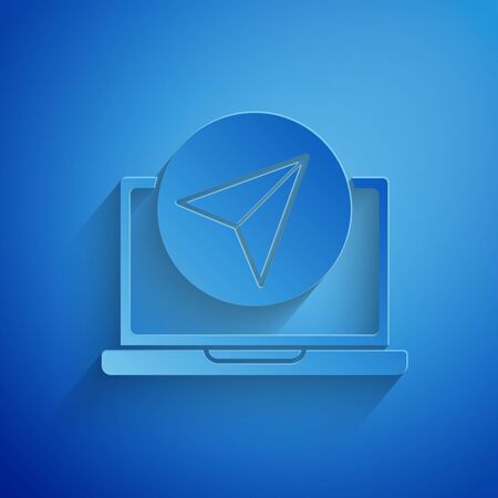 Paper cut Infographic of city map navigation icon isolated on blue background. Laptop App Interface concept design. Geolacation concept. Paper art style. Vector Illustrationのイラスト素材