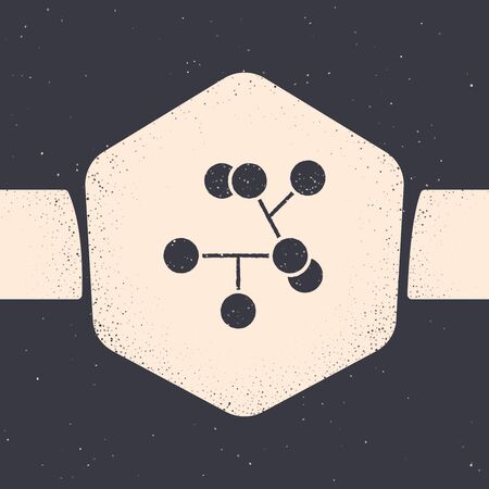 Grunge Molecule icon isolated on grey background. Structure of molecules in chemistry, science teachers innovative educational poster. Monochrome vintage drawing. Vector Illustrationのイラスト素材