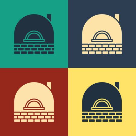 Color Brick stove icon isolated on color background. Brick fireplace, masonry stove, stone oven icon.Vintage style drawing. Vector Illustrationのイラスト素材