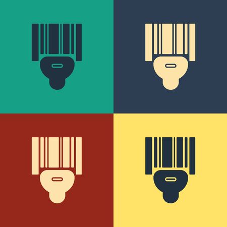 Color Scanner scanning bar code icon isolated on color background. Barcode label sticker. Identification for delivery with bars. Vintage style drawing. Vector Illustrationのイラスト素材