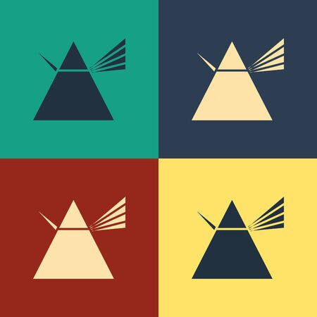 Color Light rays in prism icon isolated on color background. Ray rainbow spectrum dispersion optical effect in glass prism. Vintage style drawing. Vector Illustrationのイラスト素材