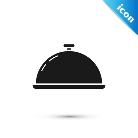 Black Covered with a tray of food icon isolated on white background. Tray and lid sign. Restaurant cloche with lid. Kitchenware symbol. Vector Illustrationのイラスト素材