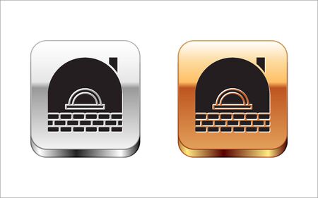 Black Brick stove icon isolated on white background. Brick fireplace, masonry stove, stone oven icon.Silver-gold square button. Vector Illustrationのイラスト素材