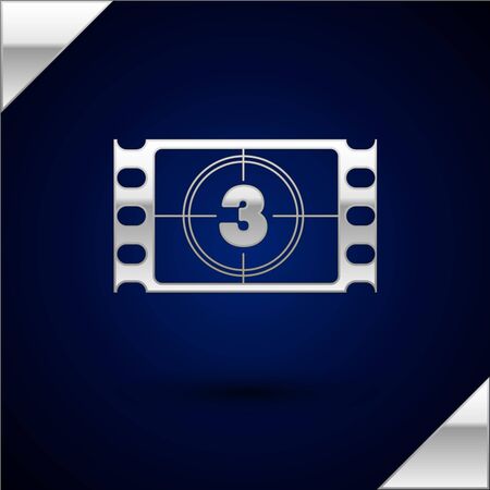 Silver Play Video icon isolated on dark blue background. Film strip with start sign. Vector Illustrationのイラスト素材