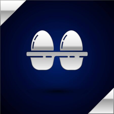 Silver Chicken egg in box icon isolated on dark blue background. Vector Illustrationのイラスト素材