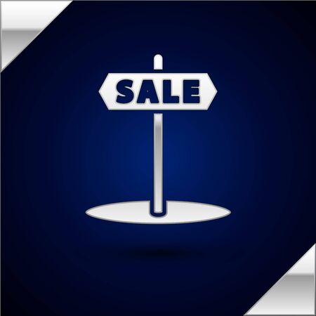 Silver Hanging sign with text Sale icon isolated on dark blue background. Signboard with text Sale. Vector Illustrationのイラスト素材