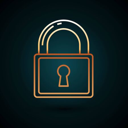 Gold line Lock icon isolated on dark blue background. Padlock sign. Security, safety, protection, privacy concept. Vector Illustrationのイラスト素材