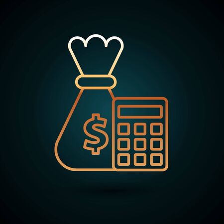 Gold line Calculator with money bag icon isolated on dark blue background. Accounting sign. Calculate finance symbol. Vector Illustrationのイラスト素材