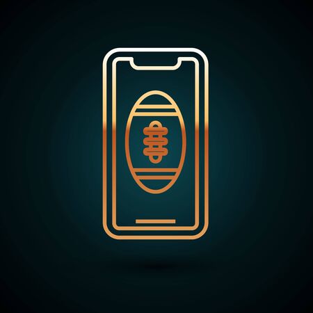 Gold line Smartphone with american football ball on the screen icon isolated on dark blue background. Online football game for mobile phone. Vector Illustrationのイラスト素材