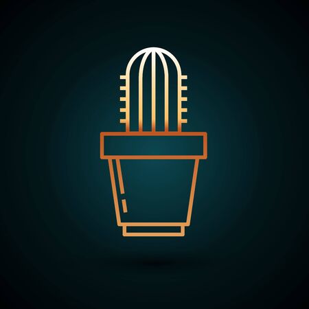 Gold line Cactus and succulent in pot icon isolated on dark blue background. Plant growing in a pot. Potted plant sign. Vector Illustrationのイラスト素材