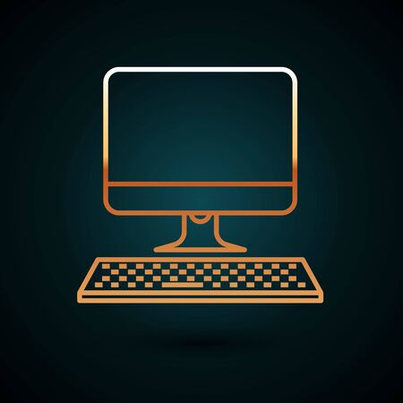 Gold line Computer monitor with keyboard icon isolated on dark blue background. PC component sign. Vector Illustrationのイラスト素材