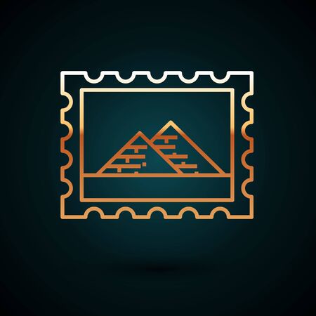 Gold line Postal stamp and Egypt pyramids icon isolated on dark blue background. Vector Illustrationのイラスト素材