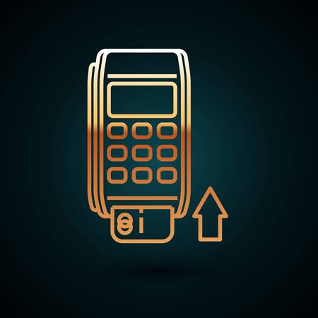 Gold line Pos terminal with inserted credit card icon isolated on dark blue background. Payment terminal transaction. Pay by card. Vector Illustrationのイラスト素材