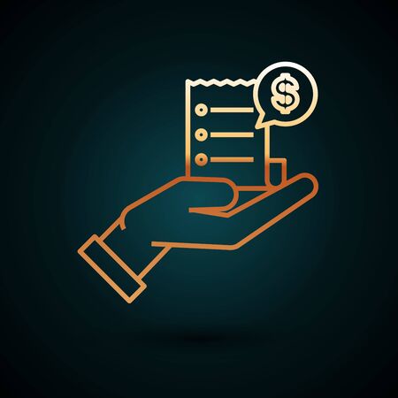 Gold line Human hand holding with blank receipt or bill for payment icon isolated on dark blue background. Banking and business operations. Vector Illustrationのイラスト素材