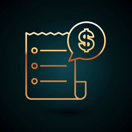 Gold line Paper check and financial check icon isolated on dark blue background. Paper print check, shop receipt or bill. Vector Illustrationのイラスト素材