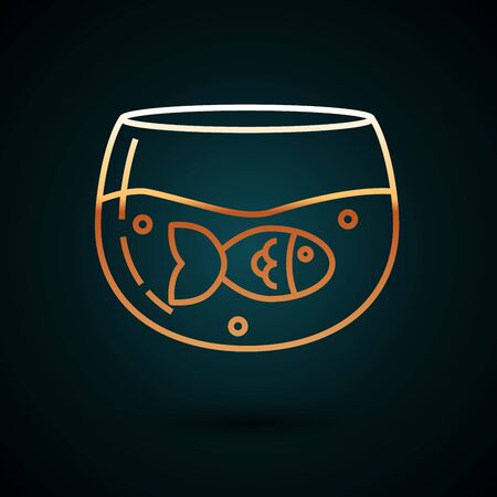 Gold line Aquarium with fish icon isolated on dark blue background. Round glass aquarium. Aquarium for home and pets. Vector Illustrationのイラスト素材