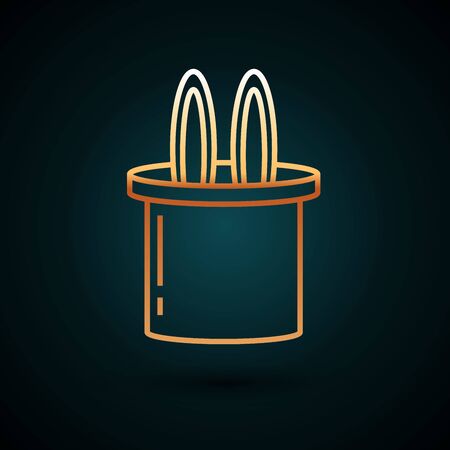 Gold line Magician hat and rabbit ears icon isolated on dark blue background. Magic trick. Mystery entertainment concept. Vector Illustrationのイラスト素材